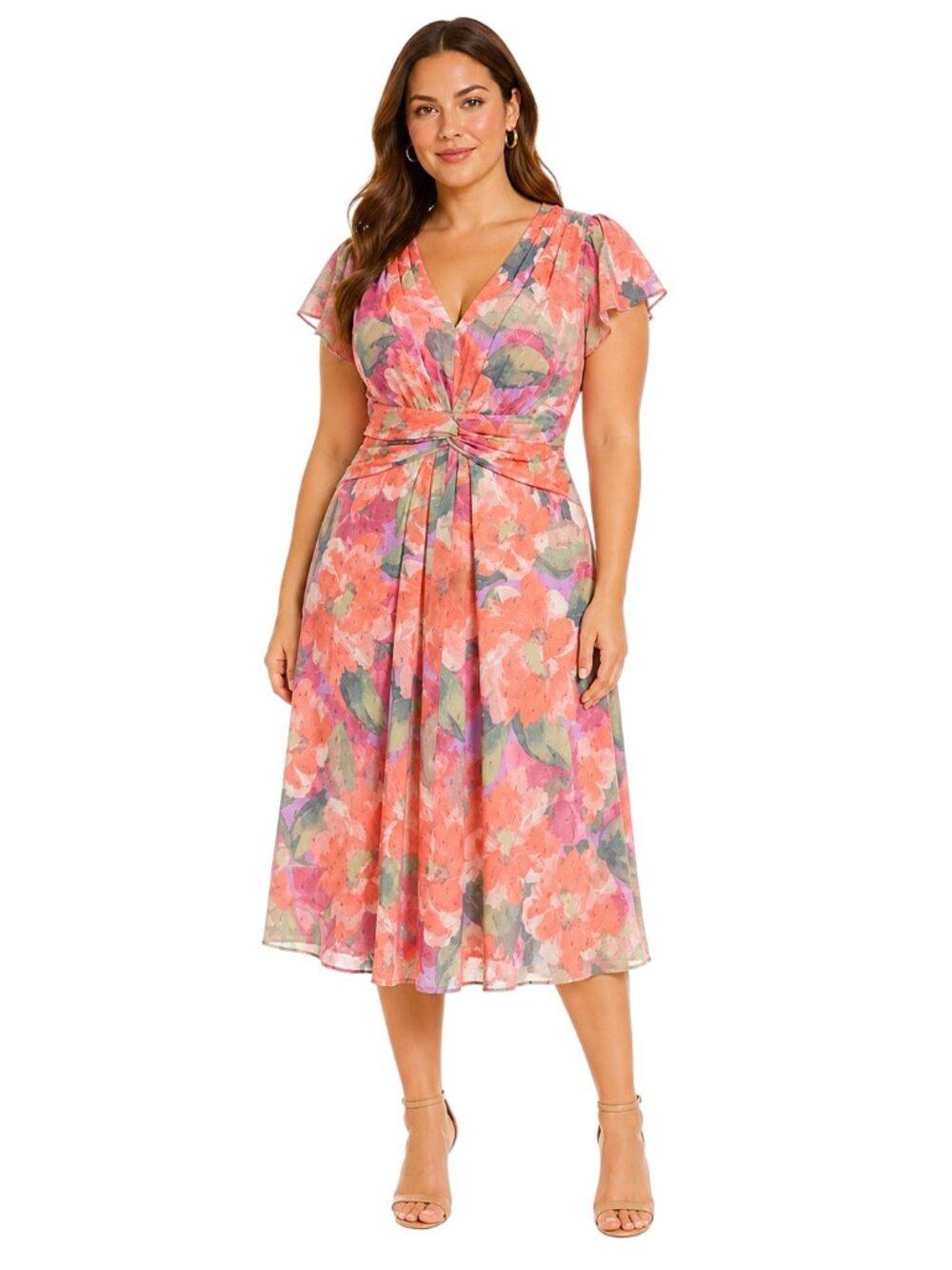 Jessica Howard Pink Multi Floral Twist-Front Midi Dress Size 12